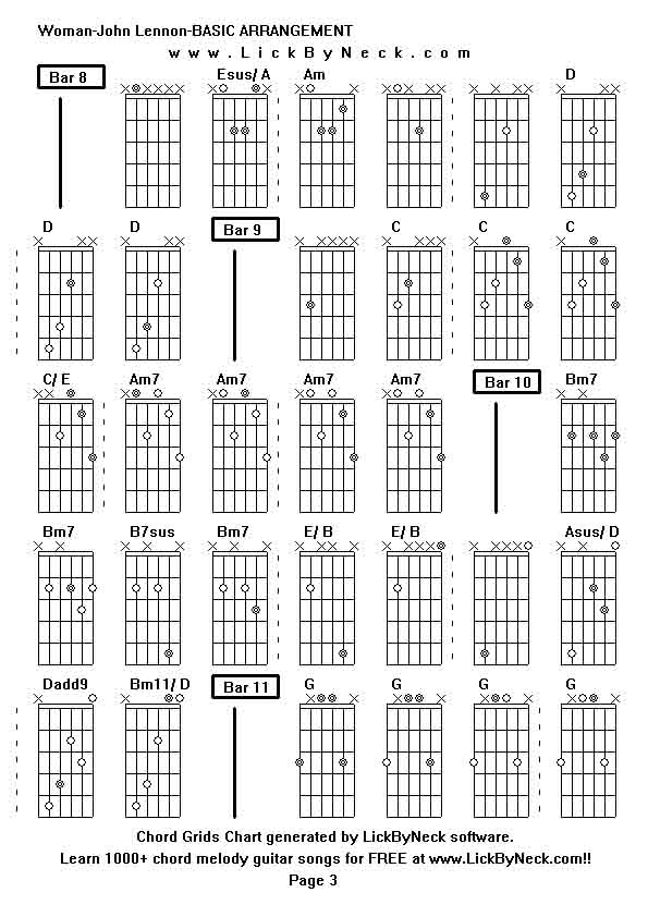 Chord Grids Chart of chord melody fingerstyle guitar song-Woman-John Lennon-BASIC ARRANGEMENT,generated by LickByNeck software.